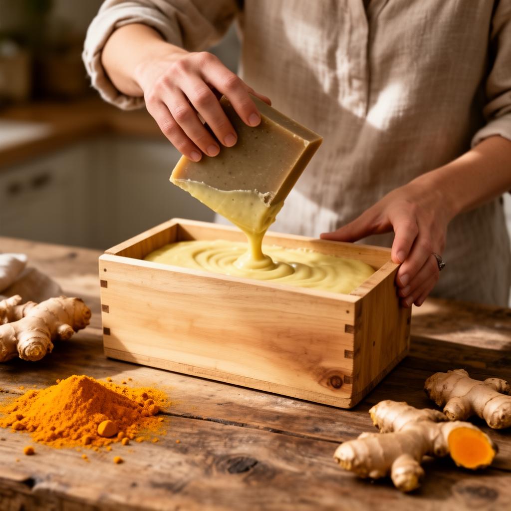 Chana pouring cold process soap batter into a wooden loaf mold