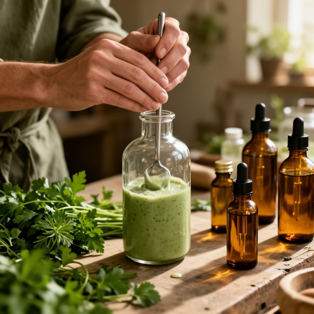 John blending botanical shampoo with herbs and cold pressed oils